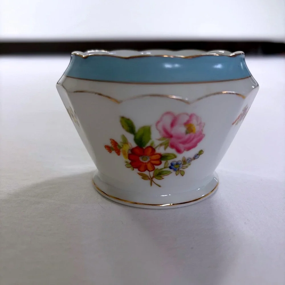 Vintage Noritake China Hand Painted Floral Creamer Sugar Egg Cup Set Blue Gold